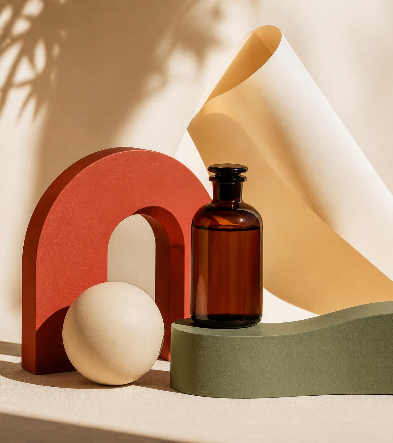 Warm still life of sculptural shapes and an unlabeled amber bottle in sunlight